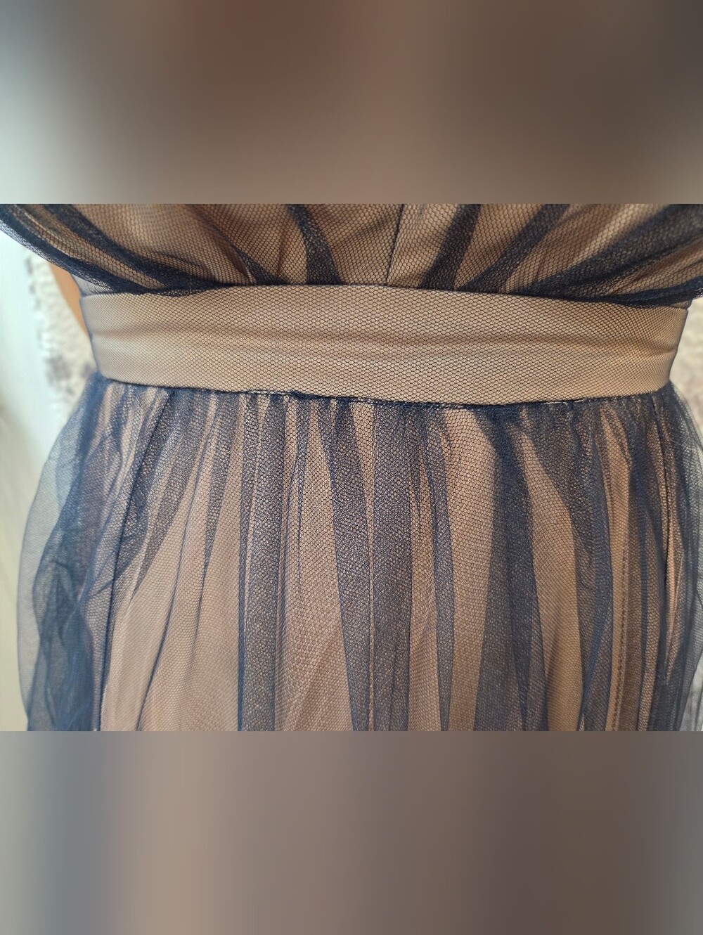 Maniju Elegant V-Neck Tulle Evening /Prom Gown in Taupe and Navy - Picture 3 of 13